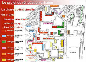 Plan du projet - la phase opérationnelle (représentation du quartier et indication sur les logements en démolition, réhabilitation)