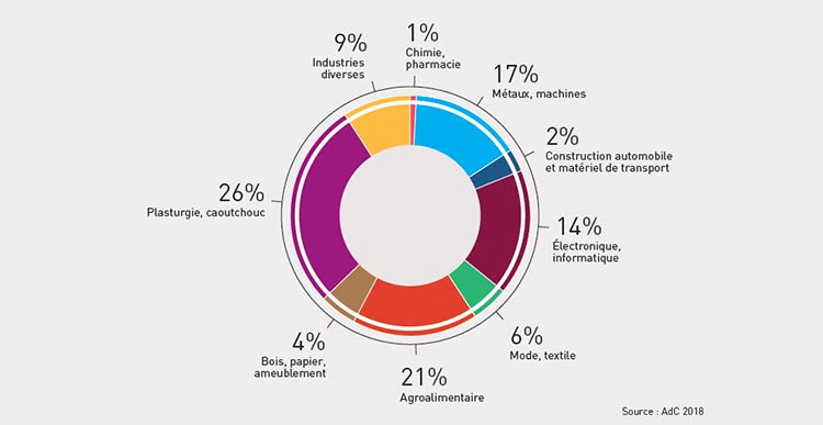 26% plasturgie, 21% agroalimentaire, 17% métaux, 14% électronique, 9% industries diverses, 6% mode, 4% bois, 2% construction